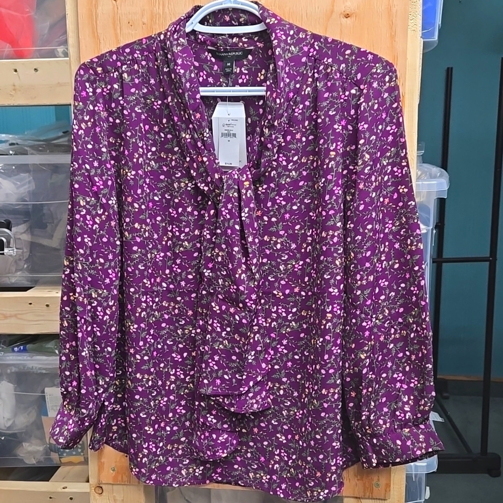 Banana Republic Purple Floral Tie-Neck Blouse